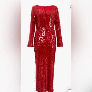 NWT Red Sequin, Tie-Front, Long Sleeve, Maxi Dress Size 14